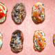 Bagel skins appetizers against a pink background